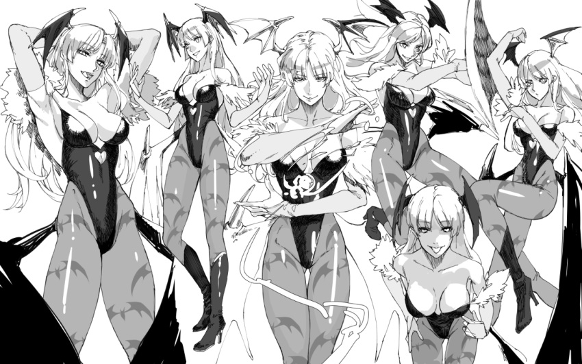 1girl breasts cleavage large_breasts long_hair monochrome morrigan_aensland pixiv_manga_sample s_tanly succubus vampire_(game)