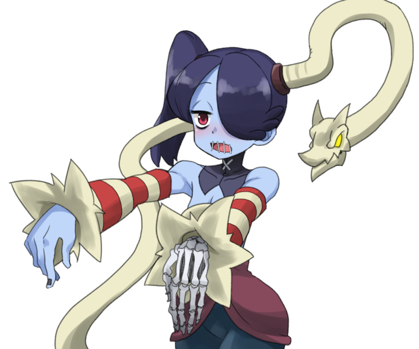 1girl blue_hair blue_skin cleavage detached_collar detached_sleeves female hair_over_one_eye leviathan_(skullgirls) red_eyes skullgirls squigly_(skullgirls) stitched_mouth stitches striped_sleeves zombie