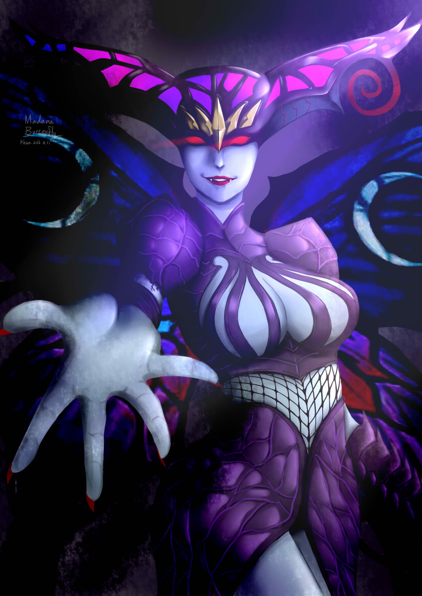 1girl absurdres bayonetta bayonetta_2 blue_skin breasts character_name cleavage demon_girl fangs lipstick madama_butterfly makeup ookamiza red_eyes signature wings