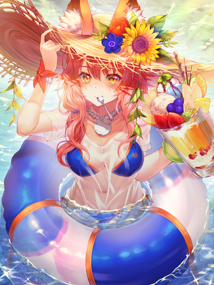 1girl animal_ears arm_up bangs beach bikini blue_bikini blue_flower blueberry blush breasts brown_hat cantaloupe chocolate cleavage collarbone commentary cup day dessert drinking_glass ears_through_headwear eyebrows_visible_through_hair fate/extra fate/grand_order fate_(series) flower food fox_ears from_above fruit hair_between_eyes hair_tie hand_on_headwear hat hat_flower highres holding holding_drinking_glass ice_cream innertube jewelry large_breasts leaf light_particles long_hair looking_at_viewer mellozzo melon mouth_hold navel necklace ocean orange orange_bikini orange_slice outdoors partially_submerged pink_hair red_flower sand scrunchie see-through shirt short_sleeves side-tie_bikini slit_pupils smile solo sparkle spoon spoon_in_mouth starfish stomach straw_hat strawberry summer sun_hat sunflower sunlight swimsuit tamamo_(fate)_(all) tamamo_no_mae_(swimsuit_lancer)_(fate) wading water_drop wet wet_clothes wet_shirt white_shirt wrist_scrunchie yellow_eyes yellow_flower