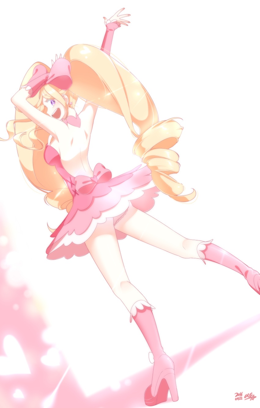 1girl ass back bare_legs bare_shoulders blonde_hair boots breasts choker dress drill_hair female frilled_skirt frills hair_ribbon harime_nui high_heel_boots high_heels kill_la_kill legs open_mouth pink_boots pink_dress platform_footwear ribbon skirt solo standing strapless strapless_dress twin_drills two_eyes violet_eyes white_background