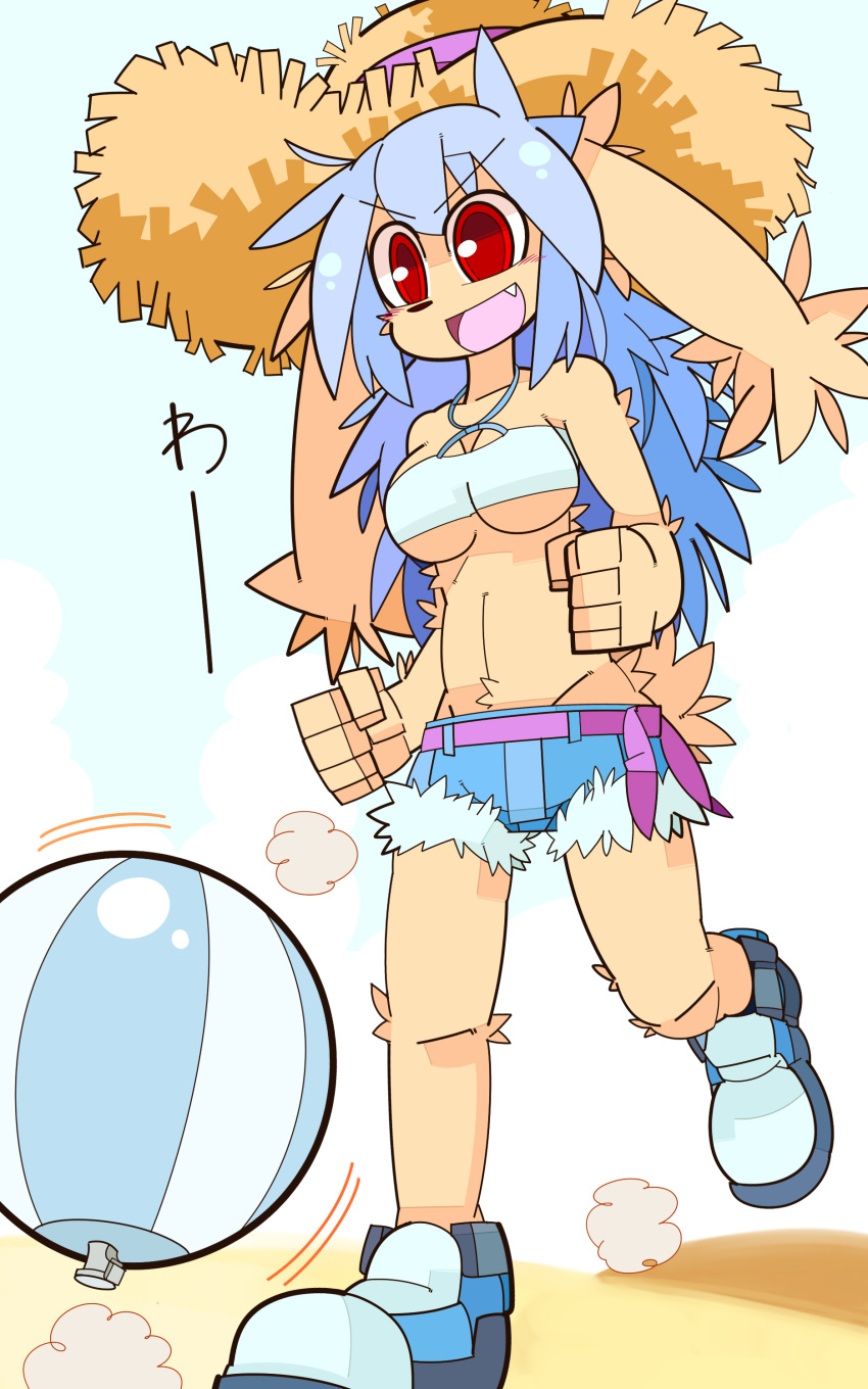 1girl beach_ball blue_hair breasts female furry gradient gradient_background hat imouchi_sutan open_mouth rabbit red_eyes solo