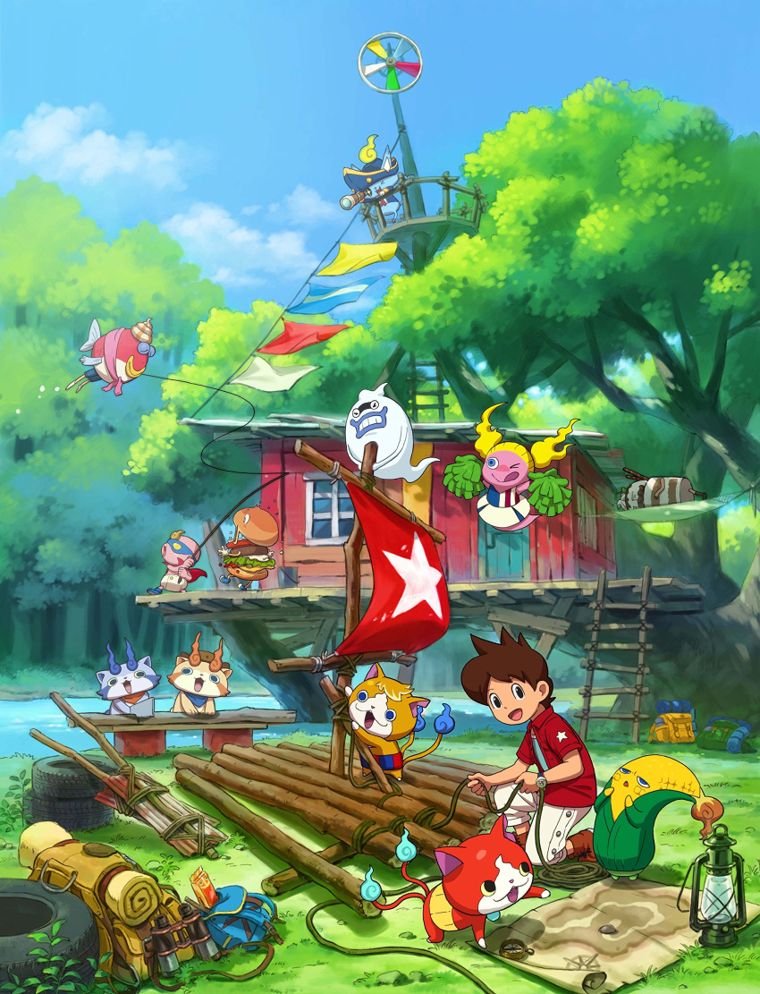 1boy 1girl absurdres amano_keita ashitagirl backpack bag binoculars black_eyes blonde_hair blue_eyes blue_lips blue_sky boots brown_hair cat cheerleader clenched_teeth closed_eyes compass corn fangs fishing_rod flag food ghost grass hamburger hammock haramaki hat highres ice_cream jacket jibanyan k-jiiro k-komaa lantern long_hair lying map multiple_tails necolombus nintendo notched_ear oburger official_art on_side one_eye_closed one_knee open_clothes open_jacket open_mouth outdoors pintocorn pirate_hat pom_poms river rope short_hair skirt sky sleeping star sundae sundae_papa tail teeth telescope tire tomnyan tree twintails two_tails water whisper_(youkai_watch) youkai youkai_watch youkai_watch_3