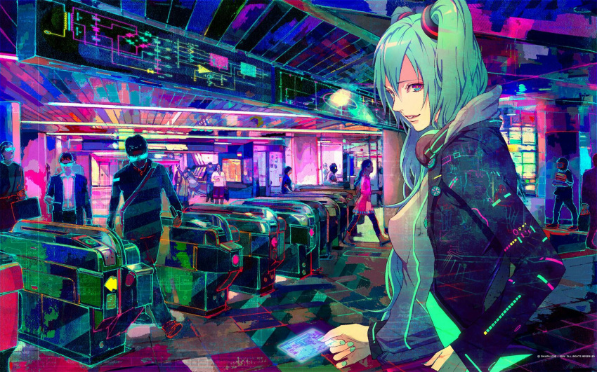 5girls 6+boys androgynous blue_hair breasts clothes full_body hatsune_miku indoors looking_at_viewer multiple_boys multiple_girls vocaloid wallpaper