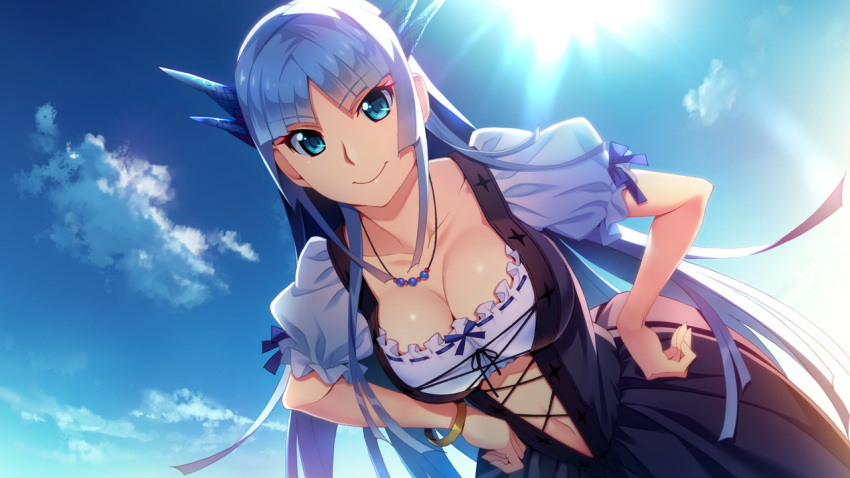 1girl blue_eyes blue_hair bracelet breasts cleavage clouds dress eyebrows eyebrows_visible_through_hair fumio_(ura_fmo) game_cg hands_on_hips happy hatsuru_koto_naki_mirai_yori highres jewelry large_breasts leaning_forward long_hair looking_at_viewer navel short_sleeves sky smile solo standing sun sunlight yukikaze_geneblood