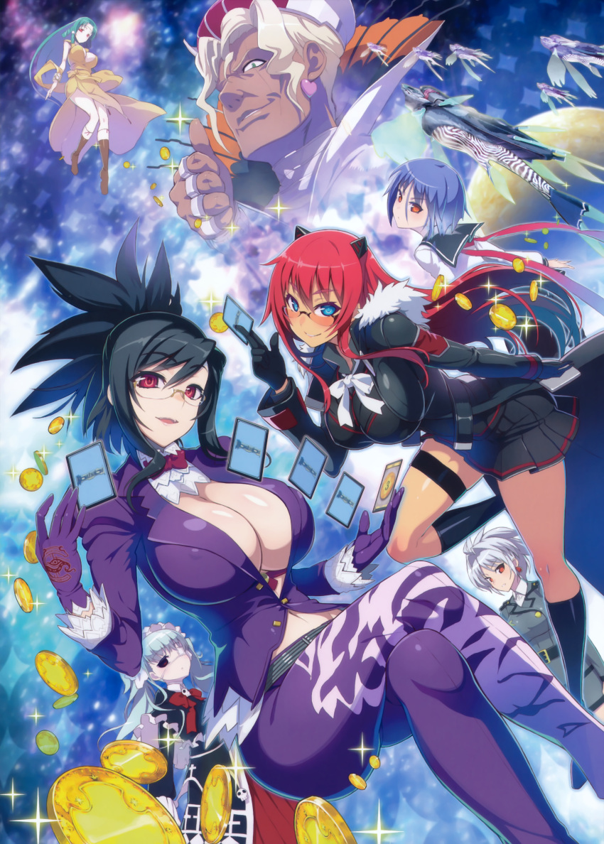 5girls absurdres blue_hair breasts character_request cleavage full_metal_daemon_muramasa glasses highres huge_breasts large_breasts legs legs_crossed looking_at_viewer miniskirt multiple_girls naughty_face nitroplus pleated_skirt redhead sitting skirt source_request thighs tokyo_necro