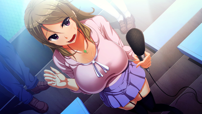 1girl blonde_hair blue_skirt blush breasts cleavage eyebrows eyebrows_visible_through_hair game_cg garter_straps highres holding huge_breasts kanzen_jikan_teishi legs long_hair long_sleeves looking_at_viewer microphone open_mouth shoes skirt solo_focus standing sweat thigh-highs thighs uo_denim violet_eyes