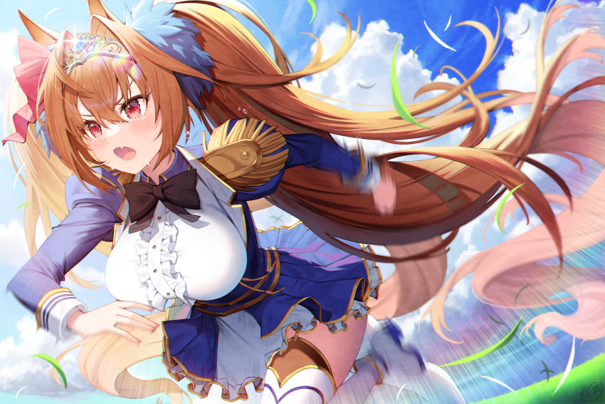 1girl :o absurdres animal_ears bangs black_bow blue_jacket blue_sky blush boots bow breasts brown_hair clouds commentary_request daiwa_scarlet_(umamusume) day epaulettes eyebrows_visible_through_hair eyes_visible_through_hair fang floating_hair grass hair_between_eyes hair_intakes hair_ornament hair_ribbon highres horse_ears horse_girl horse_tail huge_filesize jacket juliet_sleeves large_breasts long_hair long_sleeves looking_afar motion_blur open_mouth outdoors pleated_skirt puffy_sleeves red_eyes red_ribbon ribbon running shirt skirt sky solo tail thigh-highs tiara twintails umamusume very_long_hair white_footwear white_legwear white_shirt white_skirt yuri_(chocho_q)