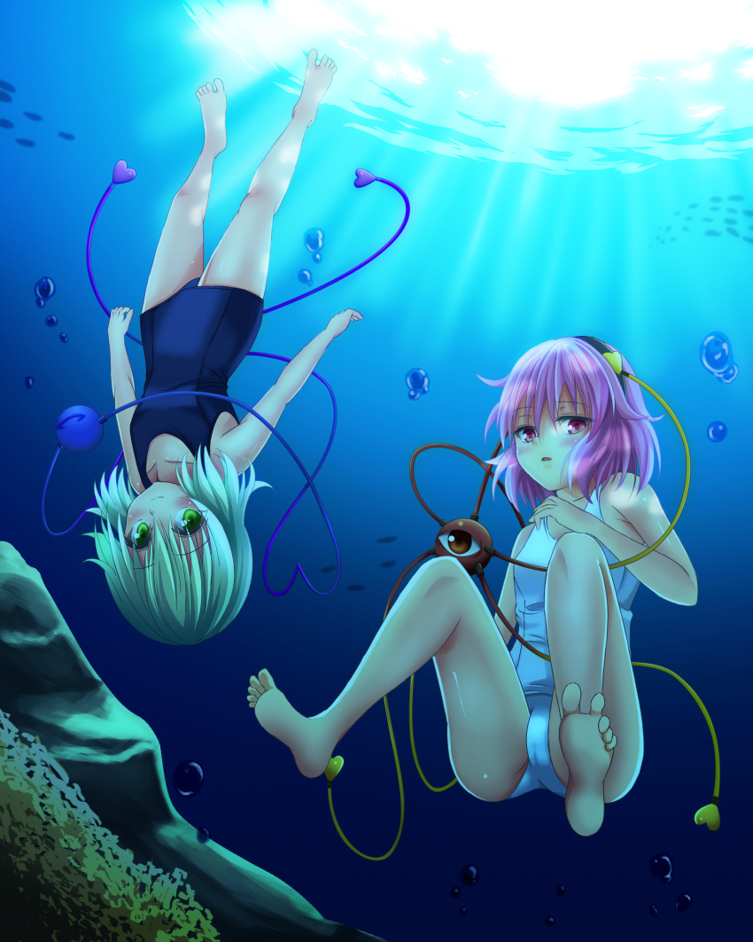 2girls absurdres air_bubble bare_legs bare_shoulders blush breasts bubble collarbone feet freediving green_eyes green_hair hairband hand_on_own_chest heart heart_of_string highres holding_breath komeiji_koishi komeiji_satori light_rays looking_at_viewer multiple_girls one-piece_swimsuit pink_eyes pink_hair school_swimsuit short_hair siblings sisters small_breasts smile soles swimming swimsuit tekku_(07201115) third_eye touhou underwater upside-down white_school_swimsuit white_swimsuit