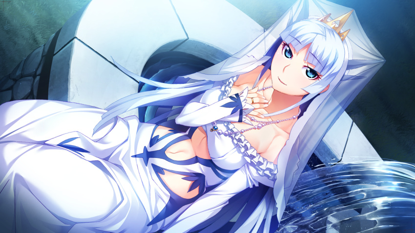 1girl bare_shoulders blue_eyes blue_hair blush breasts dress eyebrows eyebrows_visible_through_hair fountain fumio_(ura_fmo) game_cg grass hatsuru_koto_naki_mirai_yori highres horns jewelry large_breasts long_hair long_sleeves looking_at_viewer navel necklace outdoors parted_lips sitting smile solo strapless veil water yukikaze_geneblood