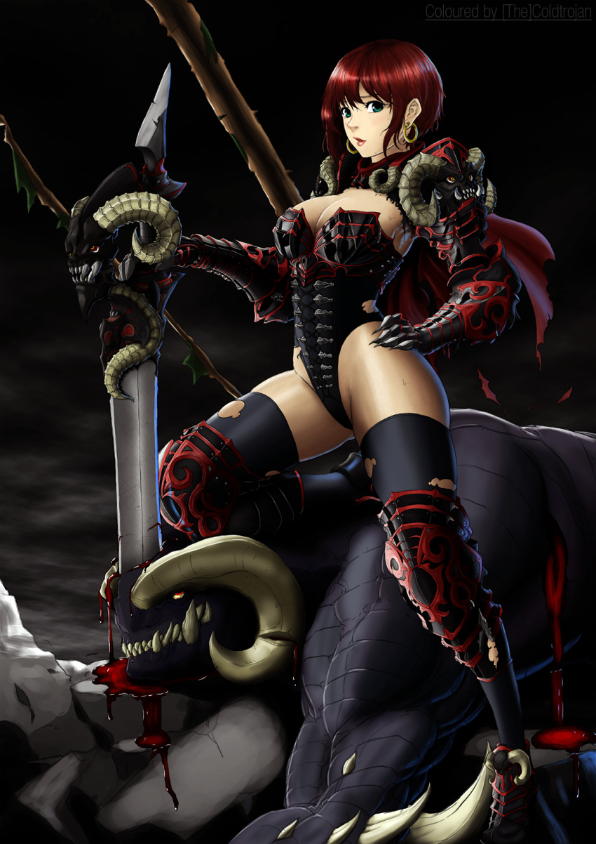 1girl absurdres armor cherrylich coldtrojan colored demon demon_horns earrings gorget hand_on_hip highres hoop_earrings horns jewelry leotard looking_at_viewer looking_to_the_side monster pauldrons sword thigh-highs torn_clothes torn_thighhighs weapon
