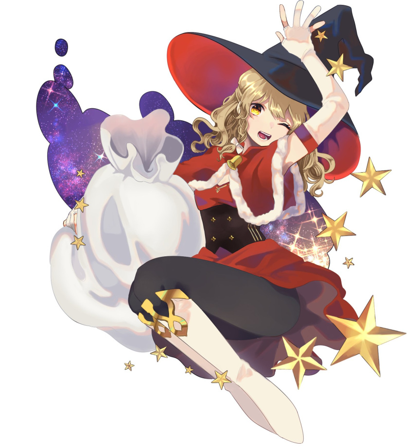 1girl bell black_legwear blonde_hair boots bow christmas corset elbow_gloves fingerless_gloves full_body gift_bag gloves hair_bow hat highres kirisame_marisa legs_together looking_at_viewer one_eye_closed open_mouth santa_costume short_hair skirt smile solo star takushiima thigh-highs touhou witch_hat yellow_eyes
