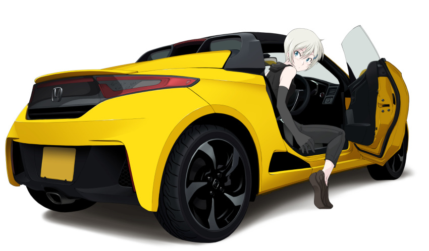 1girl blue_eyes commentary_request elbow_gloves gloves ground_vehicle hair_between_eyes hair_ornament hairclip highres honda honda_s660 motor_vehicle original shoes short_hair solo tomcat vehicle white_background white_hair