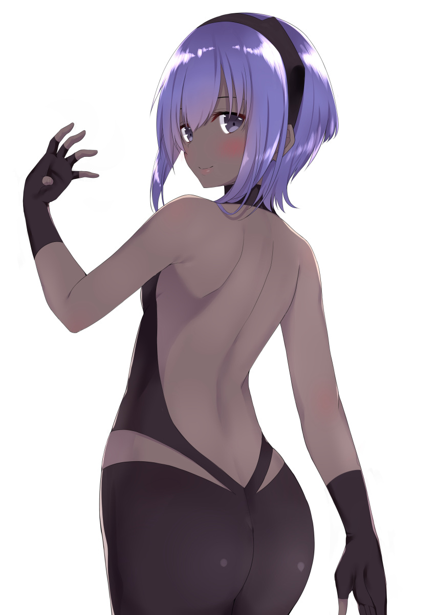 1girl absurdres ass assassin_(fate/prototype_fragments) bangs bare_back bare_shoulders black_gloves blush butt_crack dark_skin fate/prototype fate/prototype:_fragments_of_blue_and_silver fate_(series) fingerless_gloves gloves go-1 hairband highres looking_at_viewer looking_back purple_hair shiny shiny_hair short_hair simple_background smile solo violet_eyes white_background