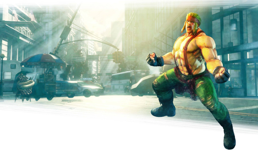 1boy alex_(street_fighter) american_flag blonde_hair boots cityscape clothes_around_waist facepaint facial_tattoo fingerless_gloves food_stand gloves headband highres lamppost male_focus muscle official_art open_mouth outdoors pants sky solo street_fighter street_fighter_v suspenders sweater_around_waist tattoo torn_clothes torn_pants traffic_light