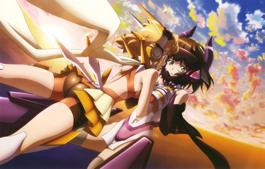 2girls absurdres ass back bare_shoulders black_hair blonde_hair butt_crack china_dress chinese_clothes covered_navel dress flying green_eyes hand_holding headphones highres interlocked_fingers kohinata_miku multiple_girls newtype ocean official_art scarf senki_zesshou_symphogear spoilers sunset tachibana_hibiki_(symphogear) tears thigh-highs watanabe_takayoshi yellow_eyes yuri