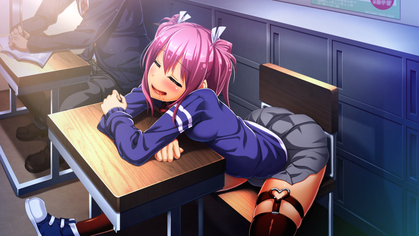 1girl ass blush breasts chair classroom closed_eyes desk dreaming drooling game_cg grey_skirt highres kagurazaka_ichigo kanzen_jikan_teishi legs long_sleeves open_mouth pink_hair saliva school_uniform shoes short_hair sitting skirt sleeping small_breasts smile sneakers solo_focus thigh-highs thighs twintails uo_denim