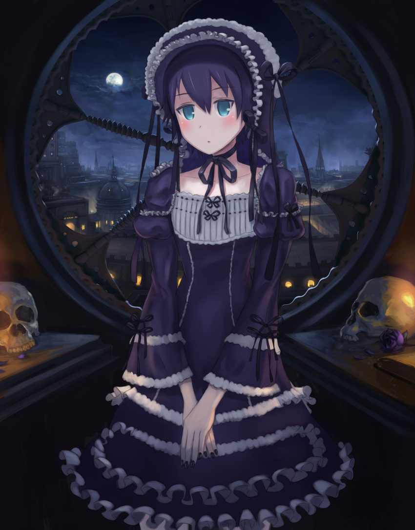 00s 1girl androgynous black_hair blue_eyes buildings dress flat_chest flower gothic gothic_lolita kino kino_no_tabi laces lolita_fashion night painted_nails ribbon rose short_hair skull sky solo table tagme window window1228