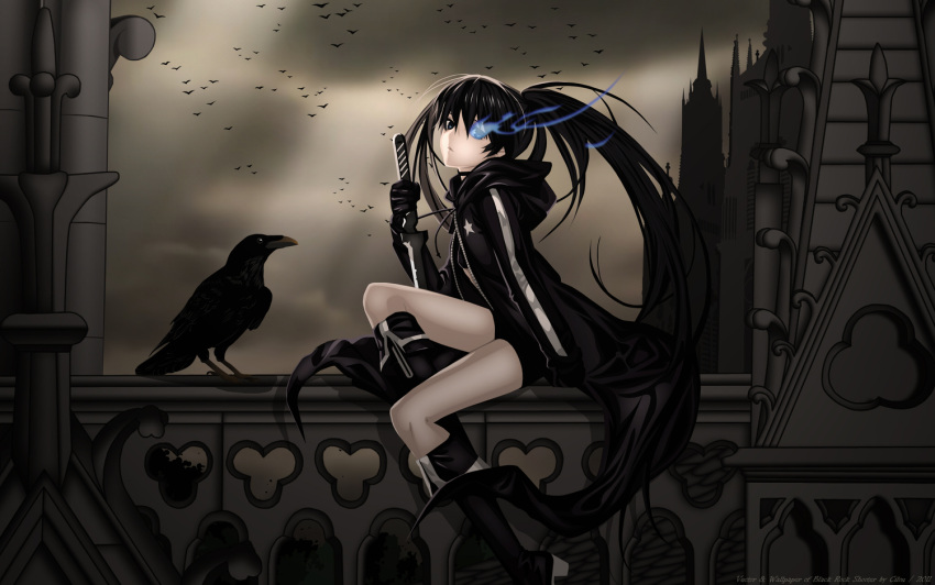 1girl 21 alphonse_(white_datura) animal bent_knees bikini bikini_top bird black_hair black_rock_shooter black_rock_shooter_(character) blue_eyes blue_fire boots church crow dark dark_background dark_colors female fire gloves holding holding_weapon huke jacket kuroi_mato long_hair sitting solo star_(symbol) swimsuit sword tied_hair twintails weapon