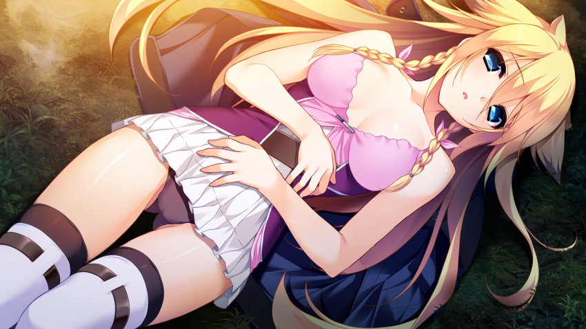 1girl aioh_lioh_camylia bare_arms bare_shoulders blonde_hair blue_eyes braid breasts cleavage eyebrows eyebrows_visible_through_hair fumio_(ura_fmo) game_cg grass hatsuru_koto_naki_mirai_yori highres jacket large_breasts legs long_hair looking_at_viewer lying on_back outdoors panties parted_lips skirt solo thigh-highs thighs twin_braids underwear white_skirt zettai_ryouiki
