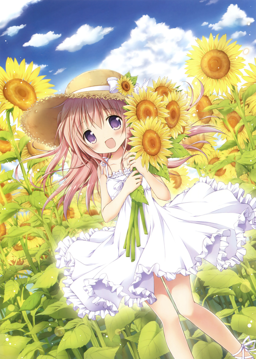 1girl :d absurdres bare_shoulders blush brown_hair clouds collarbone day dress dutch_angle eyebrows_visible_through_hair flower hair_between_eyes hat highres holding holding_flower long_hair looking_at_viewer nanase_miori open_mouth original outdoors scan sky sleeveless sleeveless_dress smile solo standing straw_hat sundress sunflower violet_eyes white_dress