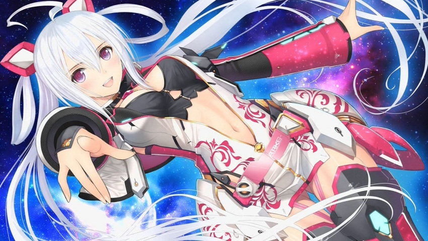 1girl ahoge black_bra bra hair_ornament innocent_cluster matoi_(pso2) navel phantasy_star phantasy_star_online_2 pointing pointing_at_viewer sky solo solo_focus star_(sky) starry_sky tanaka_takayuki thigh-highs twintails underwear white_hair zettai_ryouiki