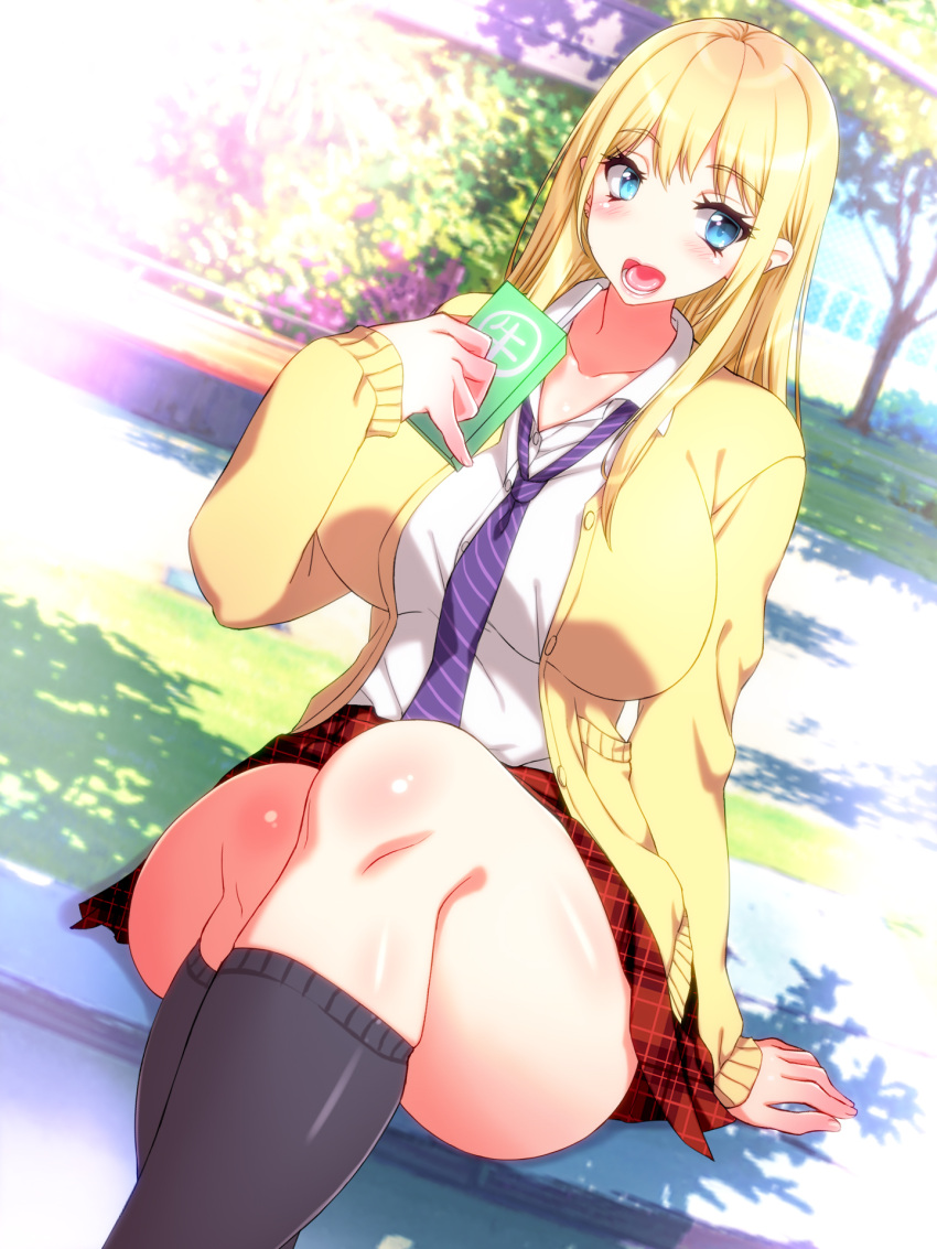 1girl black_socks blazer blonde_hair blue_eyes blush breasts collarbone collared_shirt eyebrows eyebrows_visible_through_hair happy highres holding large_breasts legs legs_crossed long_hair long_sleeves looking_at_viewer nabesekizaiten necktie original outdoors school_uniform shiny shiny_hair shiny_skin sitting skirt smile socks solo thighs trees