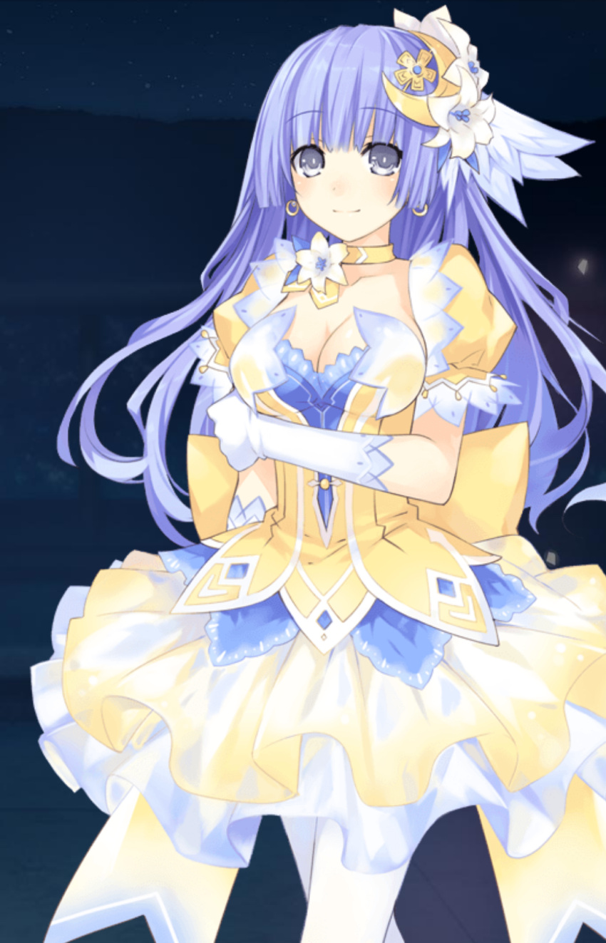 1girl blue_eyes blue_hair breasts cleavage crescent crescent_hair_ornament date_a_live dress earrings gloves hair_ornament izayoi_miku layered_dress long_hair matching_hair/eyes pantyhose puffy_short_sleeves puffy_sleeves short_sleeves skirt smile solo standing white_gloves yellow_dress