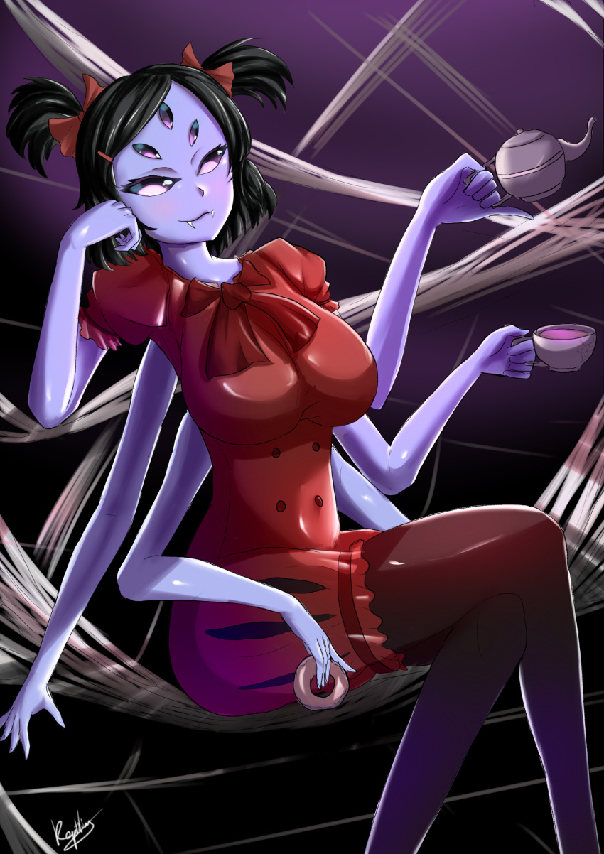 1girl black_hair breasts cleavage extra_arms extra_eyes fangs insect_girl leggings muffet multiple_arms purple_skin ribbon solo spider_girl spider_web twintails undertale