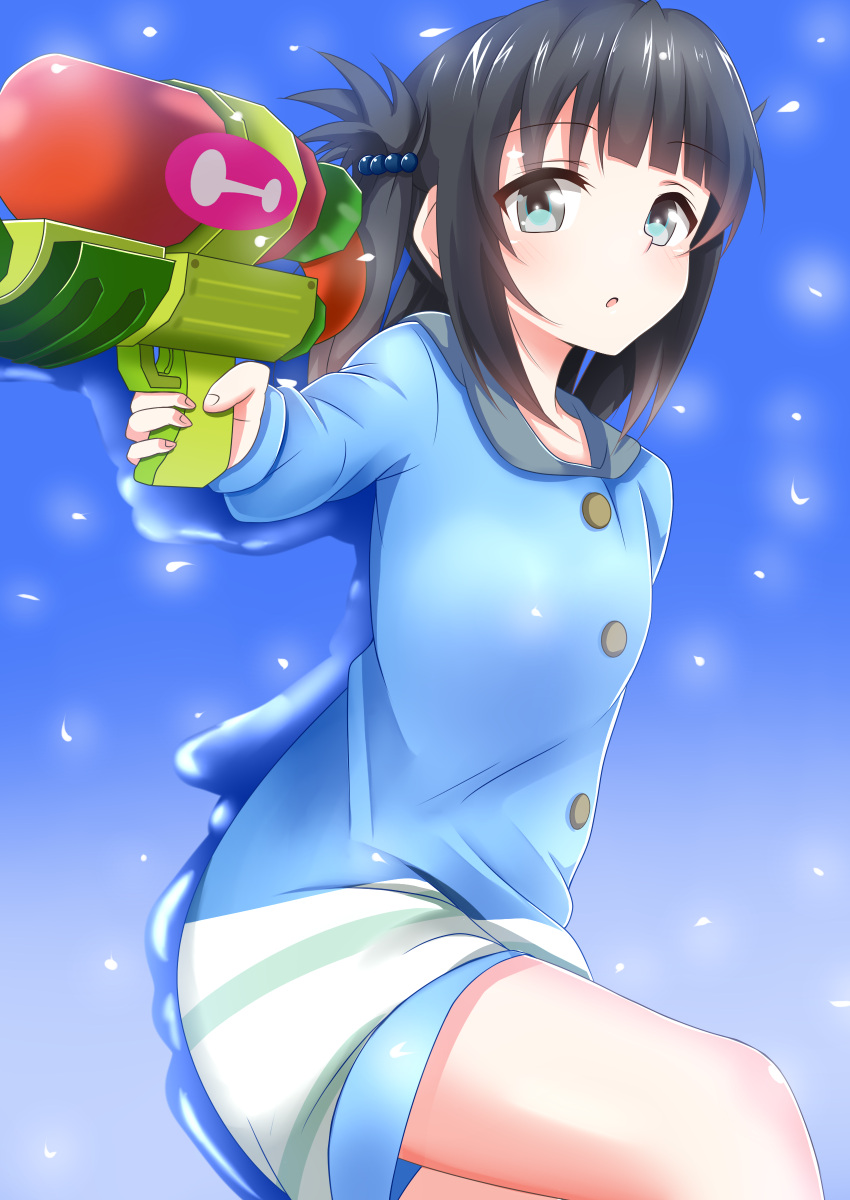 1girl absurdres black_hair blue_eyes folded_hair hair_rings highres long_hair nagi_no_asukara seno_(nanrandesu) shiodome_miuna twintails water_gun