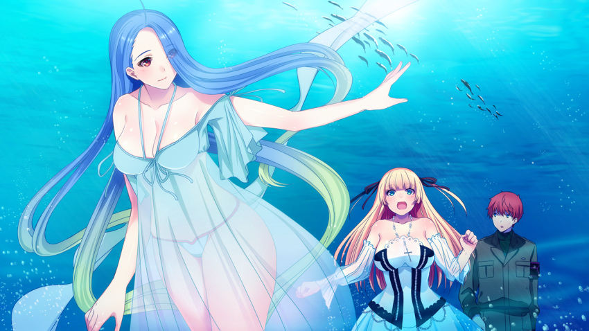1boy 2girls bare_shoulders blonde_hair blue_eyes blue_hair breasts cleavage cross_necklace detached_sleeves dress eyebrows eyebrows_visible_through_hair fish game_cg happy highres janne_la_pucelle jewelry large_breasts legs long_hair looking_back military military_uniform multiple_girls necklace ocean ondine_la_f&eacute;e_des_eaux open_mouth red_eyes rollant_le_soldat_jeune sagara_riri see-through smile thighs thong tokeidai_no_jeanne:_jeanne_&agrave;_la_tour_d'horloge underwater uniform water white_dress