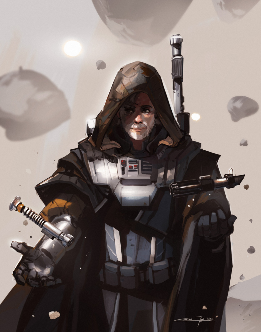 armor beard cape energy_sword epic facial_hair good_end grey_hair highres hood jedi levitation lightsaber ligthsaber looking_at_viewer luke_skywalker old redesign rock science_fiction signature spoilers staff star_wars star_wars:_the_force_awakens sun sword tunic weapon