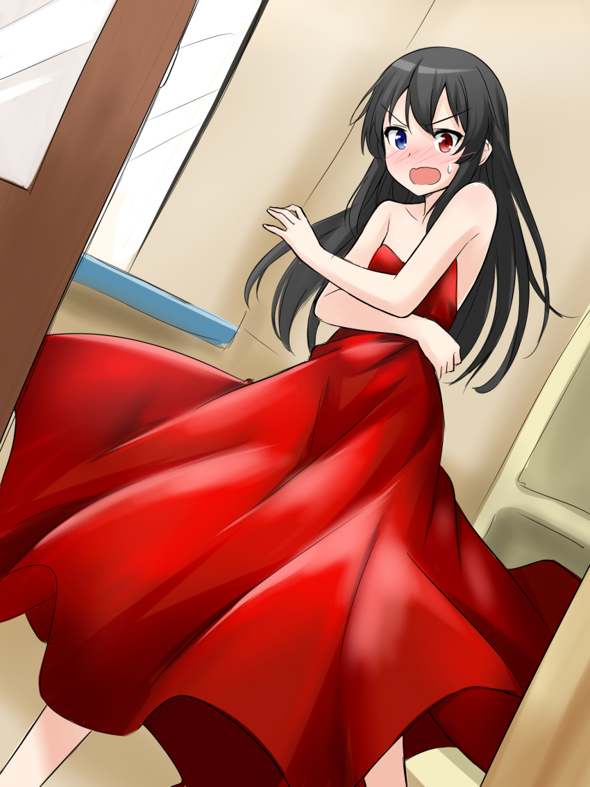 1boy bellezza_felutia black_hair blue_eyes dress felutiahime highres red_eyes solo trap