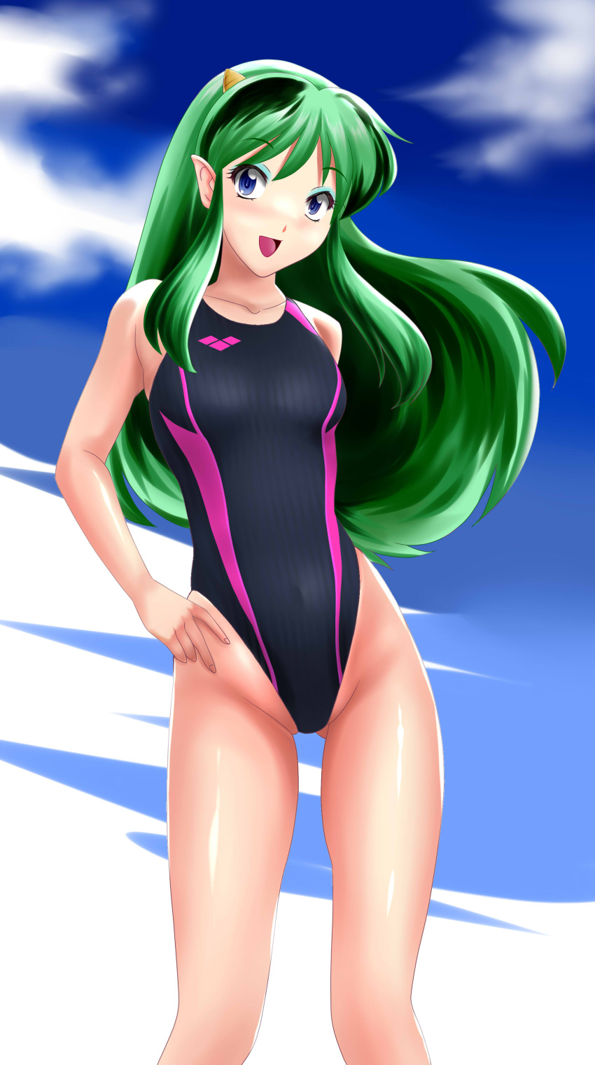 1girl absurdres blue_eyes competition_swimsuit green_hair highres horns long_hair lum nanao_futaba one-piece_swimsuit pointy_ears standing swimsuit urusei_yatsura