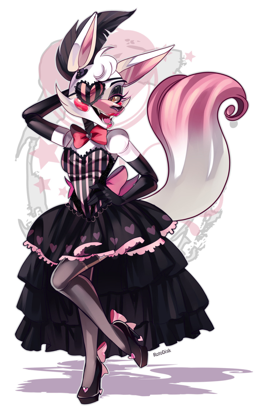 1girl android bow breasts dress elbow_gloves eyepatch five_nights_at_freddy's fox gloves high_heels lipstick makeup mangle ribbon rotodisk tail thigh-highs