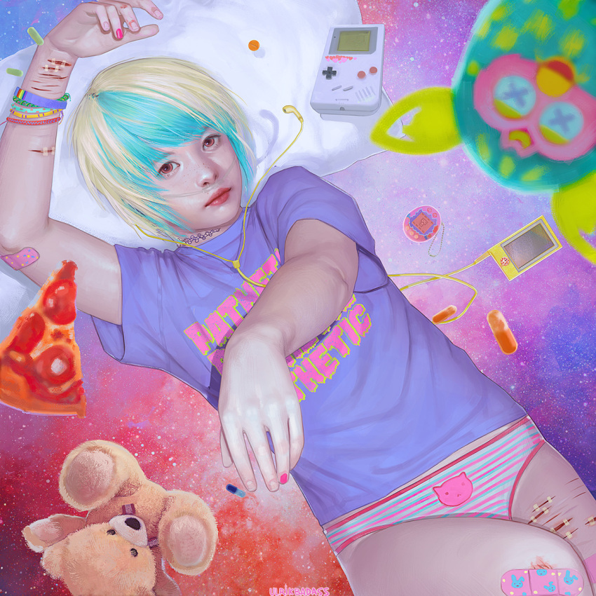 1boy 90s androgynous aqua_hair artist_name bandaid bandaid_on_knee blonde_hair blurry bracelet cat cowboy_shot cuts depth_of_field digital_media_player earphones english food furby game_boy handheld_game_console highres injury jewelry lips looking_at_viewer male_focus multicolored_hair nail_polish nasal_cannula no_pants original panties pillow pink_nails pizza rabbit realistic short_hair slice_of_pizza solo stuffed_animal stuffed_toy tamagotchi teddy_bear two-tone_hair ulrik underwear x_x