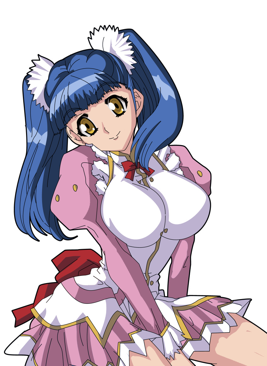 00s 1girl blue_hair breasts brown_eyes chuiru gravion large_breasts long_hair looking_at_viewer maid sitting smile solo twintails