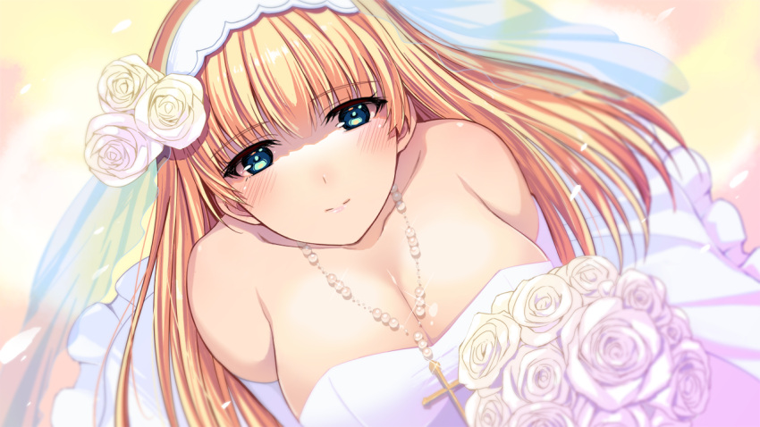 1girl bare_shoulders blonde_hair blue_eyes blush bouquet breasts bridal_veil bride cleavage collarbone cross_necklace elbow_gloves eyebrows eyebrows_visible_through_hair flower game_cg gloves hair_flower hair_ornament highres holding huge_breasts janne_la_pucelle jewelry long_hair looking_at_viewer necklace sagara_riri simple_background smile solo tokeidai_no_jeanne:_jeanne_&agrave;_la_tour_d'horloge upper_body wedding_dress