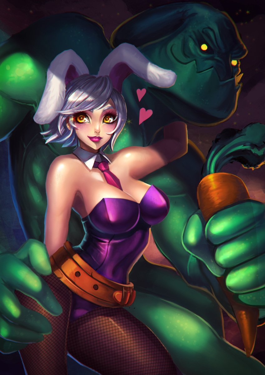 1boy 1girl alternate_costume battle_bunny_riven breasts bunnysuit carrot cleavage green_skin jenny_kung league_of_legends looking_at_viewer monster_boy rabbit_ears riven_(league_of_legends) silver_hair zac