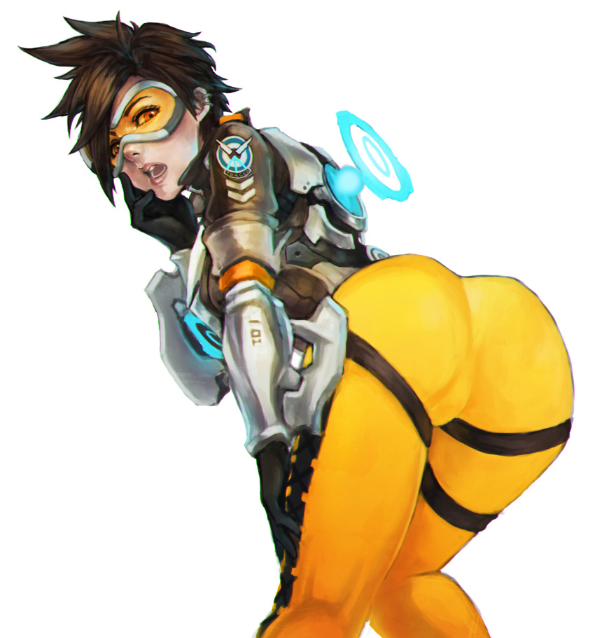 1girl absurdres ass bodysuit brown_hair commentary edit goggles highres jacket looking_at_viewer monori_rogue open_mouth overwatch short_hair skin_tight solo spiky_hair tagme tracer_(overwatch) visor