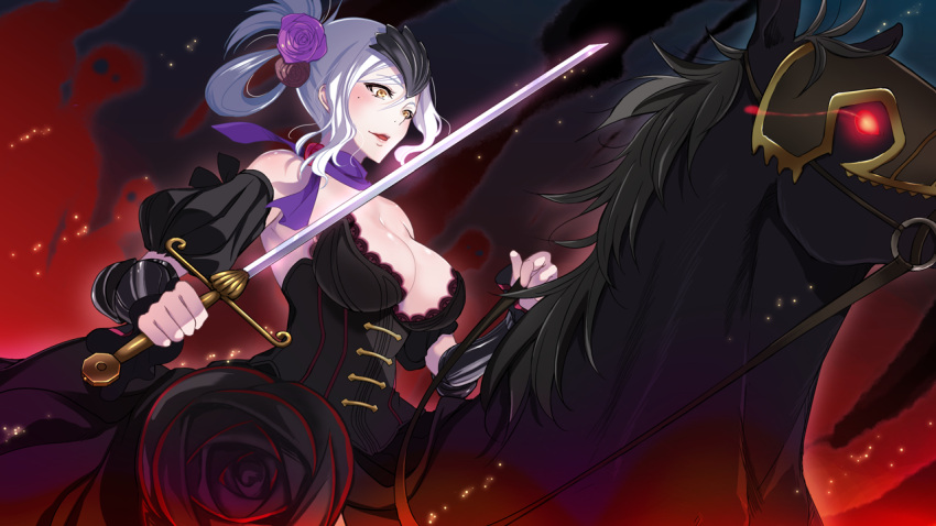 1girl animal bare_shoulders black_dress blush breasts cleavage dress edwalda_the_black_princess flower game_cg hair_flower hair_ornament hair_up highres holding holding_sword holding_weapon horse large_breasts looking_away mole parted_lips riding sagara_riri scarf simple_background sitting solo sword tokeidai_no_jeanne:_jeanne_&agrave;_la_tour_d'horloge weapon white_hair yellow_eyes