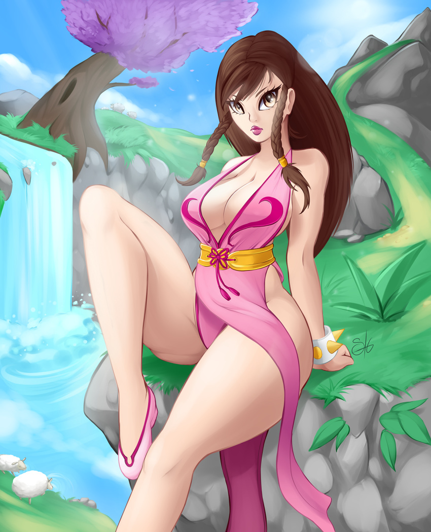 1girl alternate_color alternate_costume alternate_hairstyle bare_shoulders breasts brown_eyes brown_hair capcom china_dress chun-li cleavage curvy dress large_breasts long_hair looking_at_viewer pink_dress player_2 sitting solgryn solo street_fighter street_fighter_v thick_thighs wide_hips