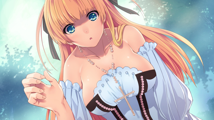 1girl :o bare_shoulders blonde_hair blue_eyes breasts cross_necklace detached_sleeves dress eyebrows eyebrows_visible_through_hair game_cg highres janne_la_pucelle jewelry large_breasts long_hair looking_at_viewer necklace outdoors parted_lips pov sagara_riri solo tokeidai_no_jeanne:_jeanne_&agrave;_la_tour_d'horloge upper_body white_dress