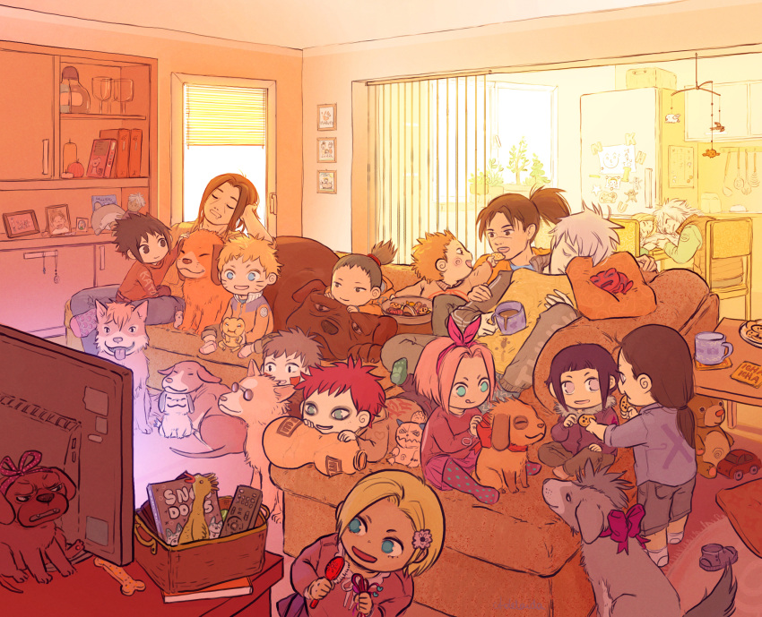 4girls 6+boys akamaru akamaru_(naruto) akimichi_chouji aqua_eyes bangs basket bisuke_(naruto) black_eyes black_hair blonde_hair blue_eyes book bow brown_hair bull_(naruto) chair closed_eyes coffee cookie cup cupboard cushion dog dog_biscuit eyebrows forehead frog furniture gaara gamakichi gamatatsu gourd green_eyes hair_brush hair_ornament hairband hairclip haruno_sakura hatake_kakashi hyuuga_hinata hyuuga_neji inuzuka_kiba jiraiya katsuyu kitchen living_room multiple_boys multiple_girls nara_shikamaru naruto pakkun photo pink_hair plant plate ponytail portrait puppy redhead refrigerator remote scar shiba_(naruto) short_hair shukaku shukaku_(naruto) silver_hair sleeping slug socks sofa table tail teddy_bear television toad_(animal) toaster toy_car tray tsunade uchiha_itachi uchiha_sasuke umino_iruka uzumaki_naruto violet_eyes white_hair window wine_glass yamanaka_ino