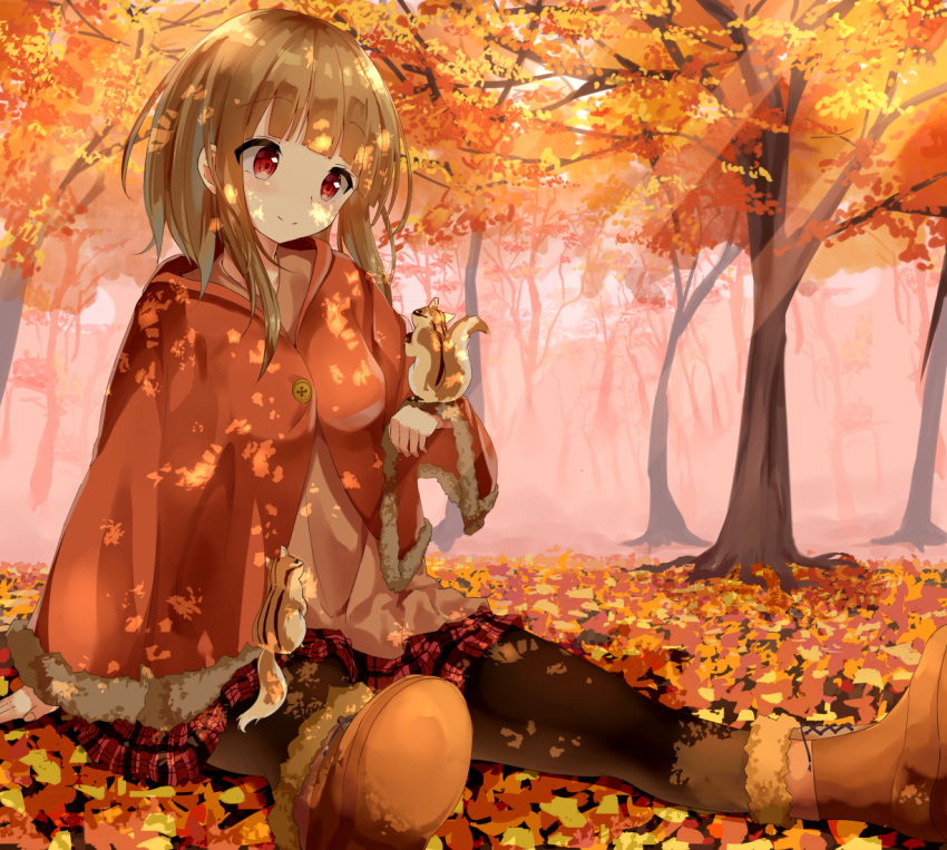 1girl animal arm_up autumn blonde_hair blurry blush boots breasts button cape cross-laced_footwear female fog forest fringe fur hamaru head_tilt lacing leaf leaves looking_away nature original pantyhose plaid plaid_skirt plant pleated_skirt red_eyes short_hair sitting sitting_on_person skirt smile solo squirrel sunlight tree