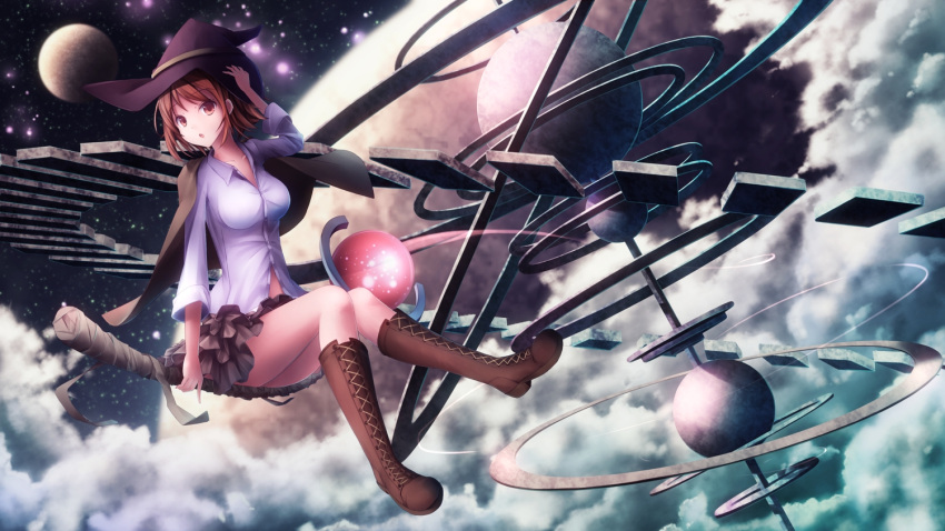 1girl boots breasts brown_hair cape clouds female hat moon night original shirt short_hair skirt sky solo stars tanikawa witch witch_hat