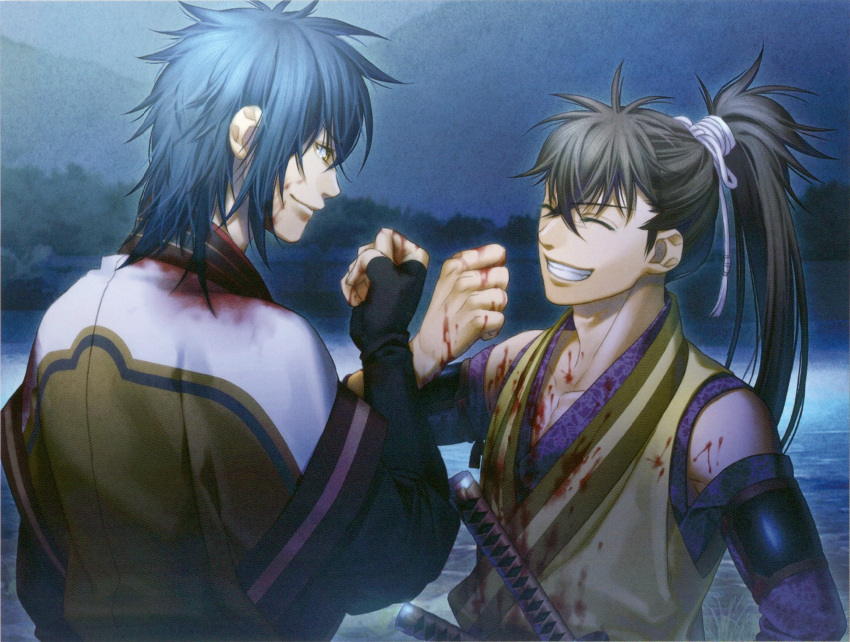 blue_hair hakuouki_shinsengumi_kitan ibuki_ryuunosuke kazuki_yone toudou_heisuke yellow_eyes