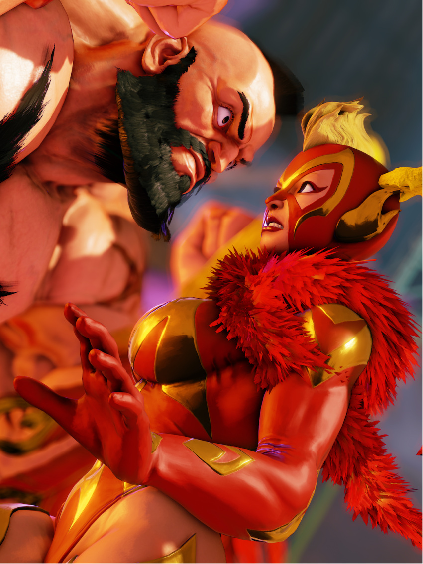 1boy 1girl 3d alternate_costume capcom mask muscle rainbow_mika street_fighter street_fighter_v wrestling_outfit zangief