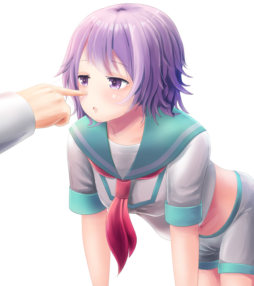 1girl commentary_request finger_to_another's_nose highres juujuu_(2l0) kantai_collection midriff navel neckerchief open_mouth purple_hair school_uniform serafuku shirt short_hair short_sleeves shorts solo_focus tama_(kantai_collection) violet_eyes