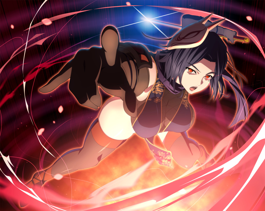 1girl black_hair breasts dungeon_of_regalias:_haitoku_no_miyako_ishgalia fighting_stance full_body game_cg gloves highres holding holding_knife huge_breasts knife kunoichi legs looking_at_viewer m&amp;m magic mask mole ninja open_mouth original pointing red_eyes sandals scarf serious short_hair simple_background solo thigh-highs thighs